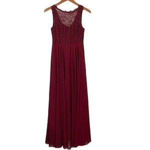 Lulu's Divine Evening Gown Burgundy Lace Chiffon Maxi Dress Open Back Sleeveless